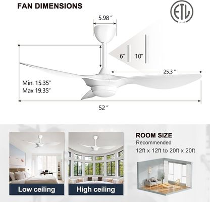 Iluminação de ventilador de teto de 6 velocidades de 52 polegadas com controle de voz e APP remoto