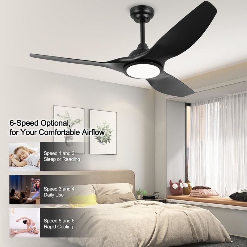Ventilador de 52 polegadas com luz 3 temperatura de cor para quarto Ventilador de teto CFM alto